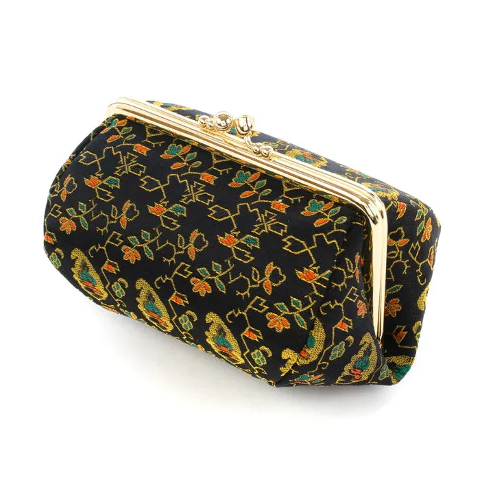 Nishijin-ori Small Pouch - Flower, Fruit, and Tree / Black -, Made in Kyoto, Japan, Cosmetic Pouch, Makeup Pouch, Japanese Gamaguchi Pouch, Travel Toiletry Pouch, Stationery Pouch, Bag organizer, Bag in Bag