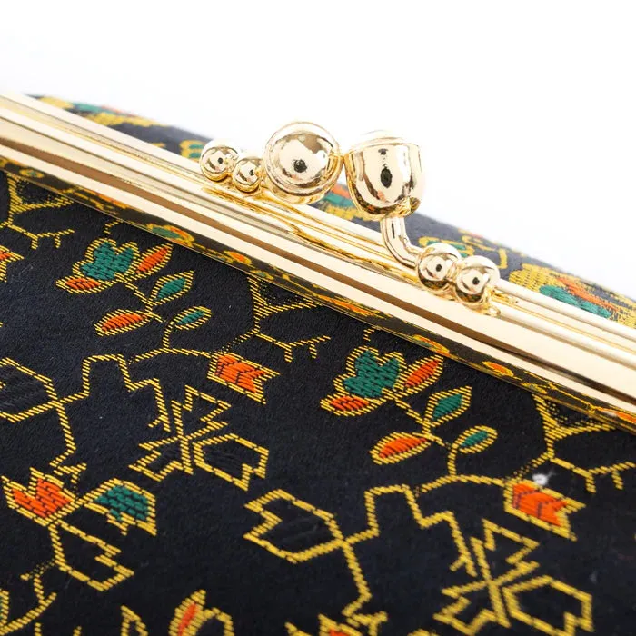 Nishijin-ori Small Pouch - Flower, Fruit, and Tree / Black -, Made in Kyoto, Japan, Cosmetic Pouch, Makeup Pouch, Japanese Gamaguchi Pouch, Travel Toiletry Pouch, Stationery Pouch, Bag organizer, Bag in Bag