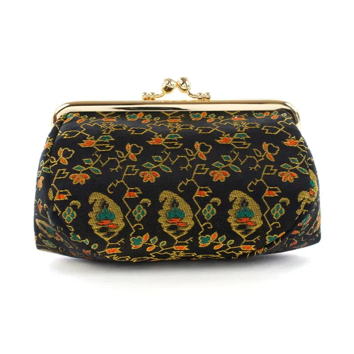 Nishijin-ori Small Pouch - Flower, Fruit, and Tree / Black -, Made in Kyoto, Japan, Cosmetic Pouch, Makeup Pouch, Japanese Gamaguchi Pouch, Travel Toiletry Pouch, Stationery Pouch, Bag organizer, Bag in Bag