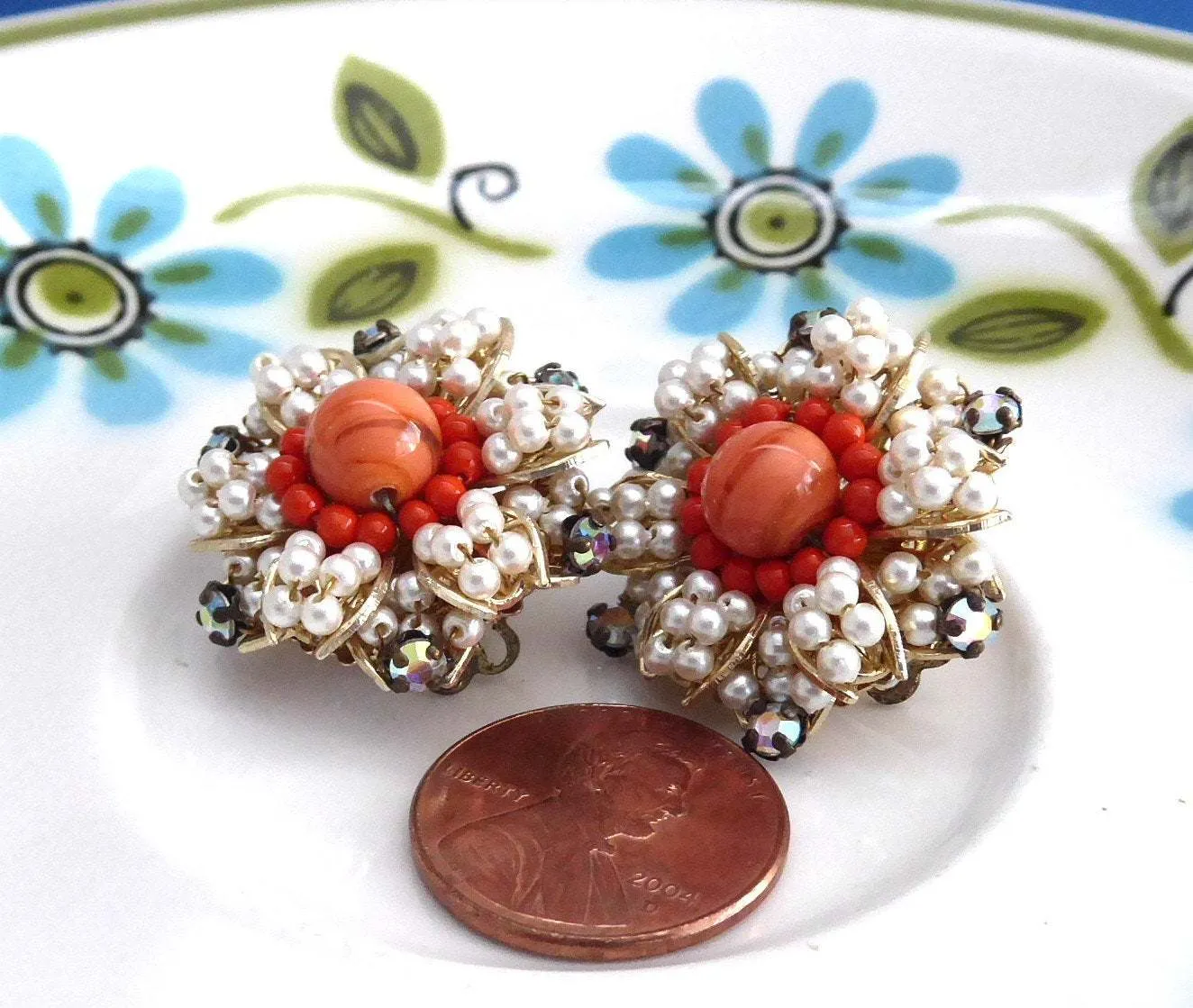 Orange Bead Earrings 1960s Cluster Clips Pearl Rhinestones Gold Filigree