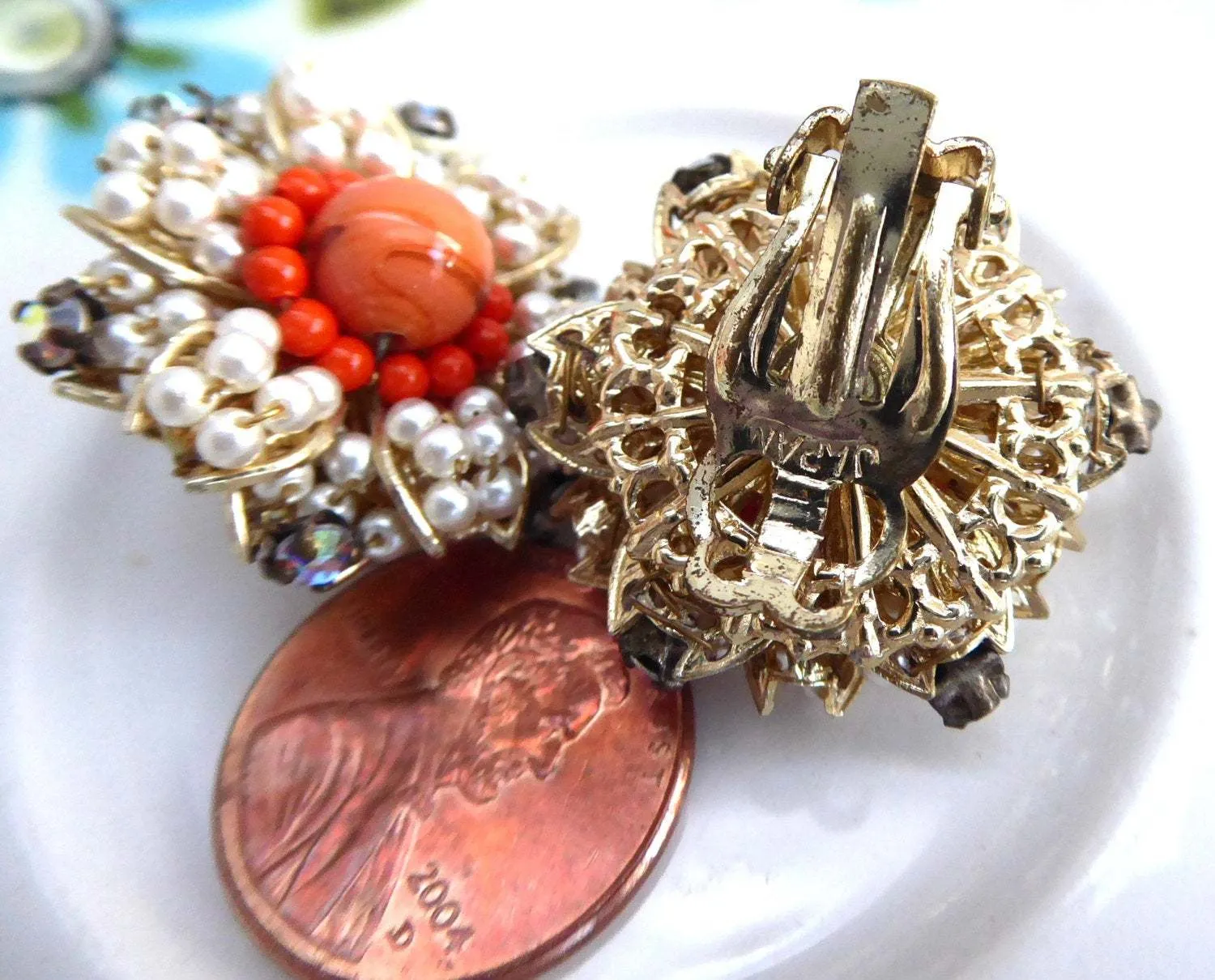 Orange Bead Earrings 1960s Cluster Clips Pearl Rhinestones Gold Filigree