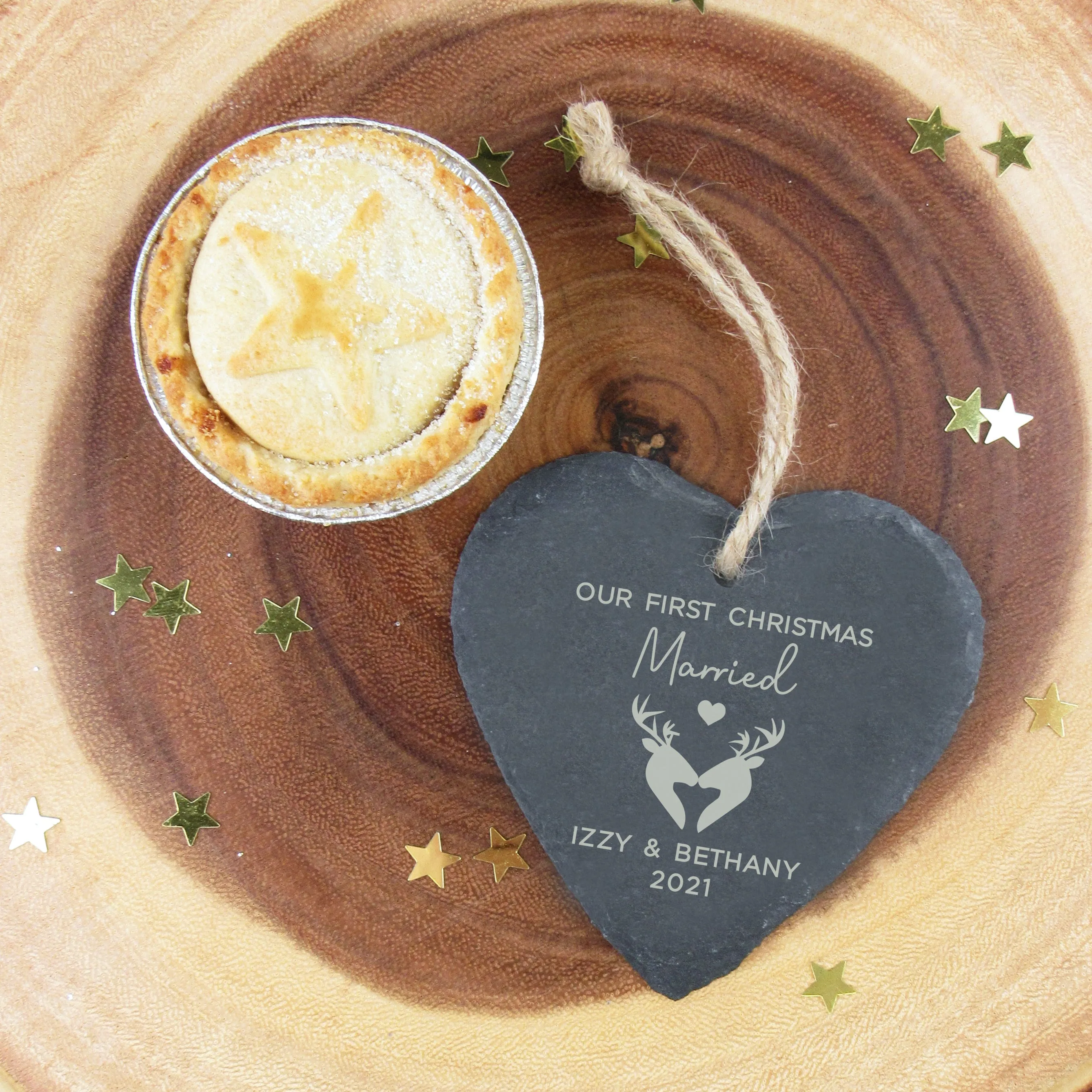 Personalised 'Our First Christmas Married' Slate Hanging Heart Decoration