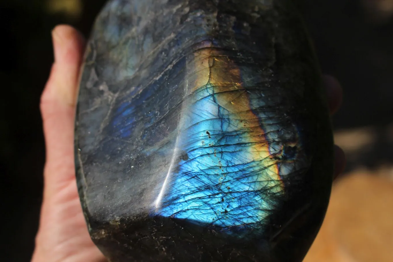 Polished Beautiful Rainbow Labradorite Standing Free Form With Intense Full Face Flash x 1 From Tulear, Madagascar
