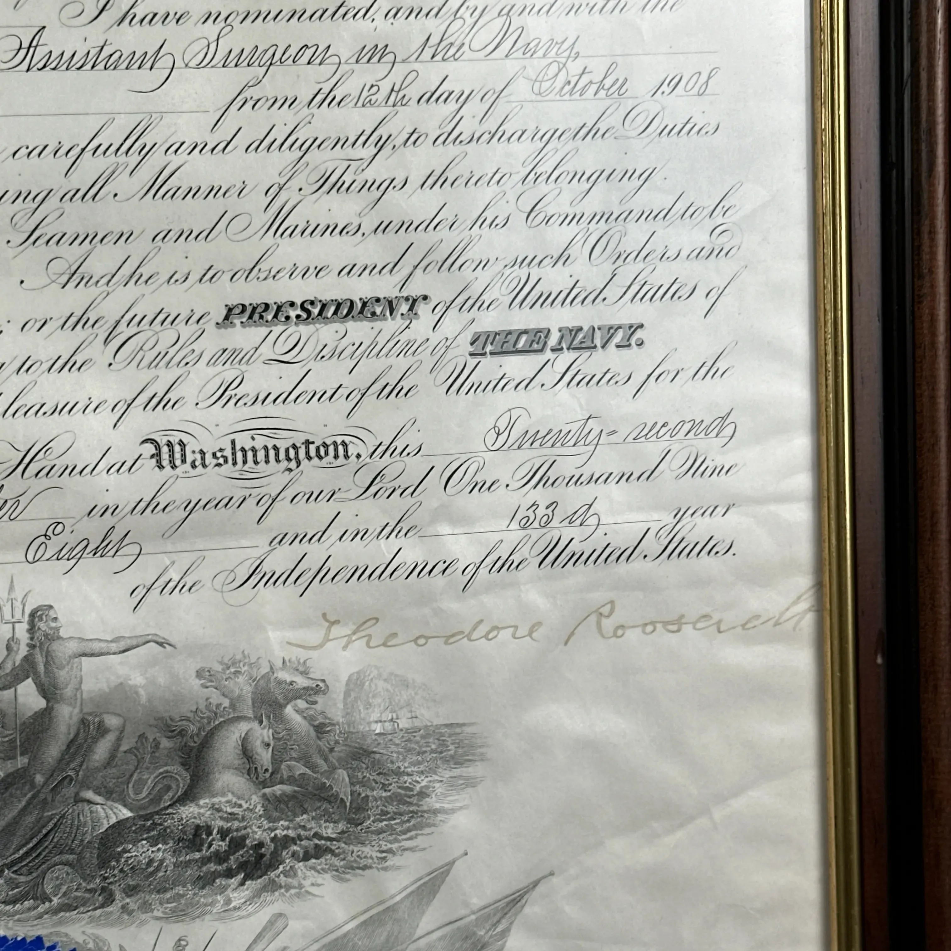 President Theodore Roosevelt Naval Appointment — Signed December 23, 1908