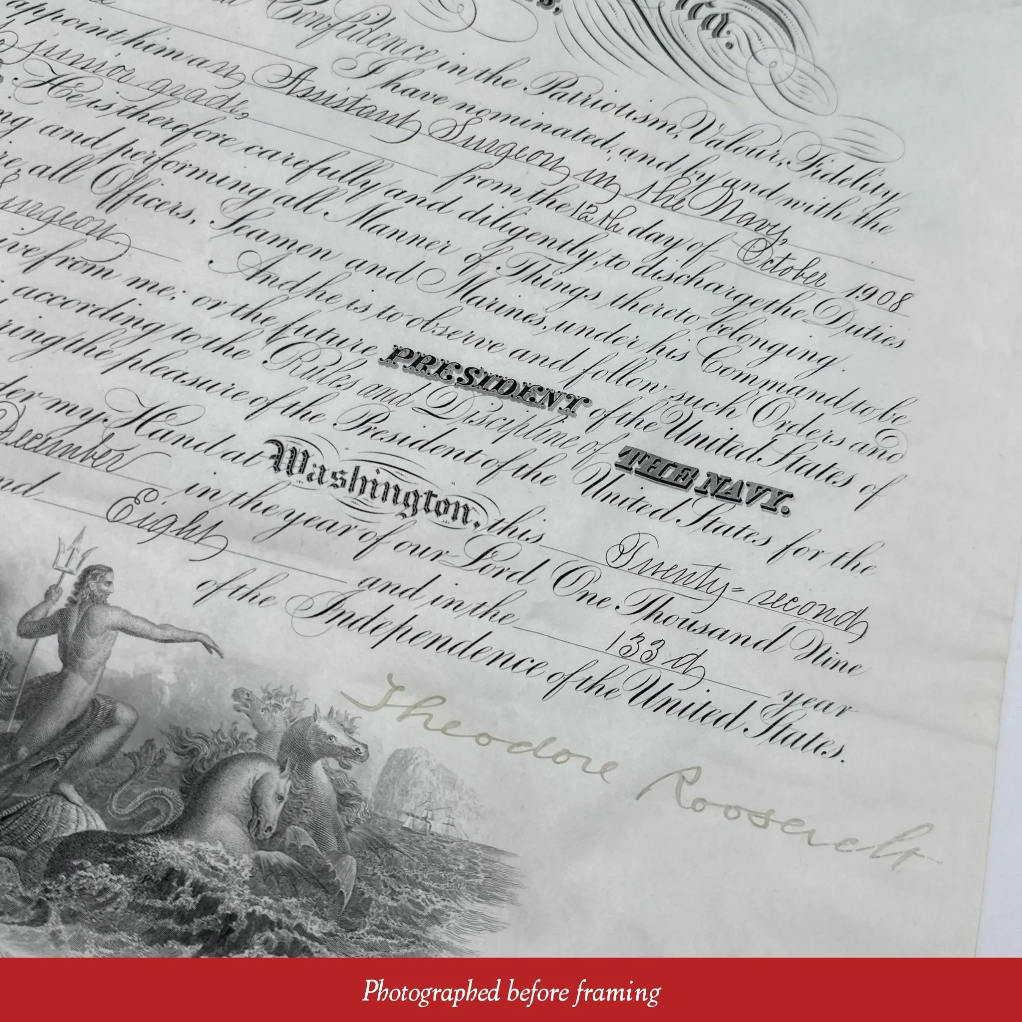 President Theodore Roosevelt Naval Appointment — Signed December 23, 1908