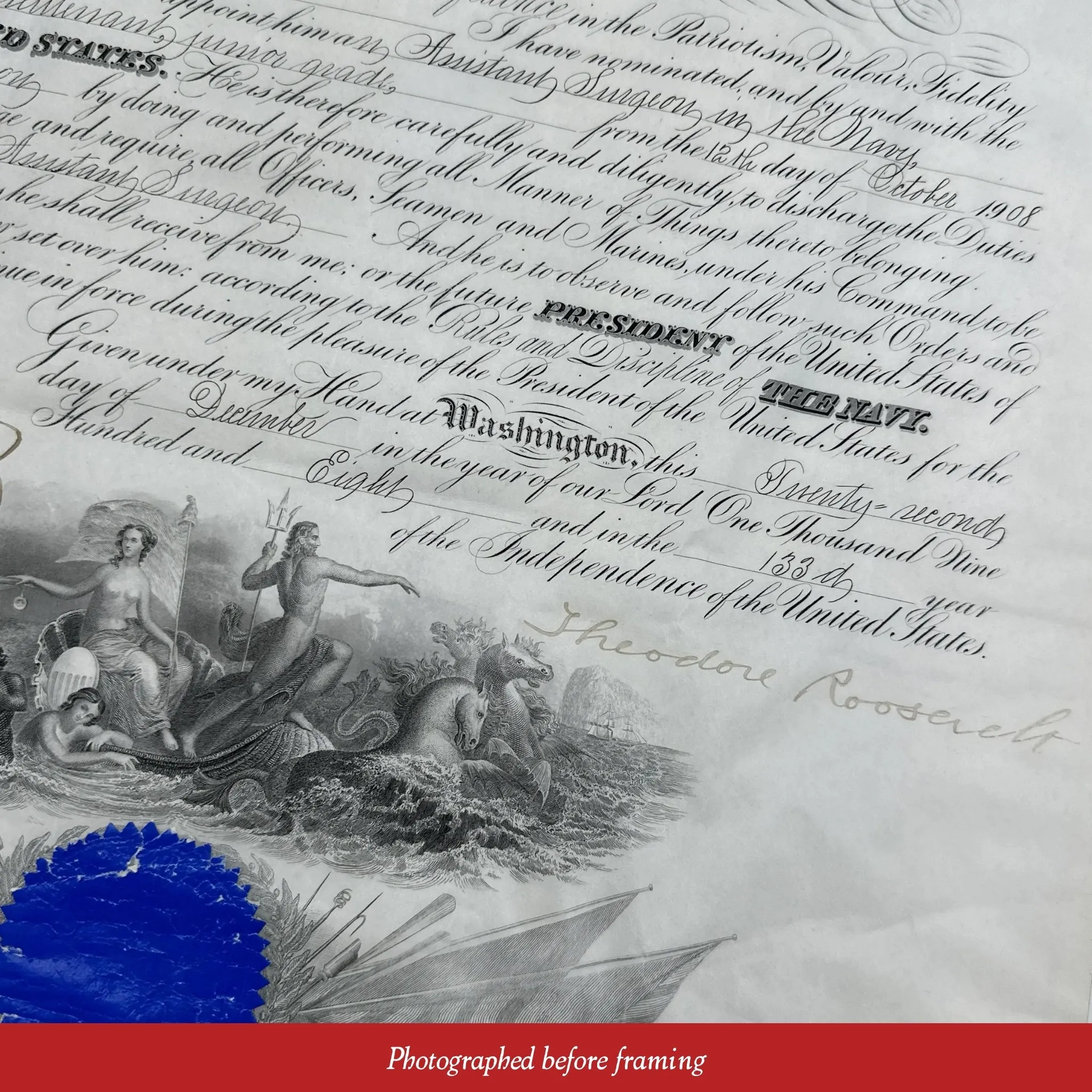 President Theodore Roosevelt Naval Appointment — Signed December 23, 1908