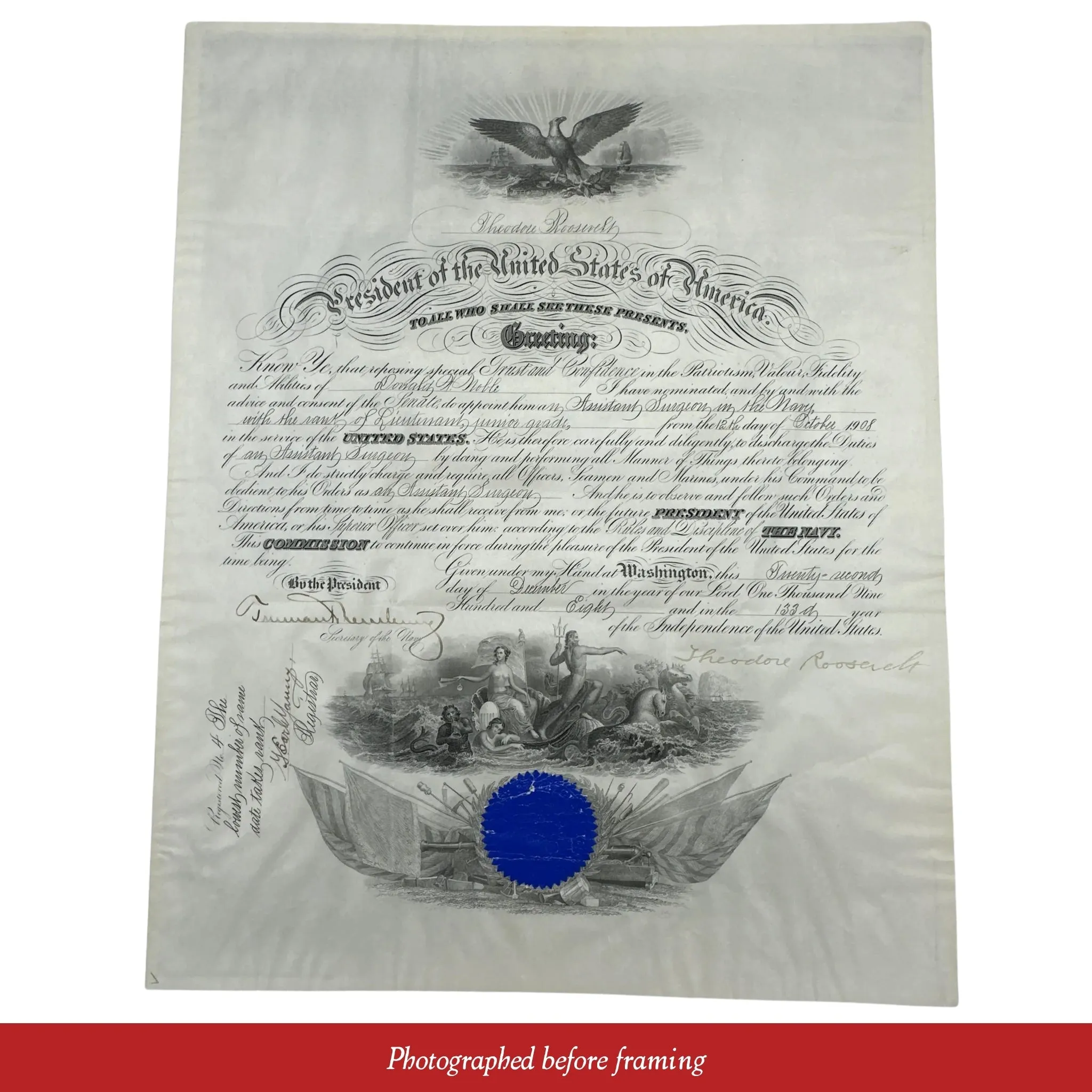 President Theodore Roosevelt Naval Appointment — Signed December 23, 1908