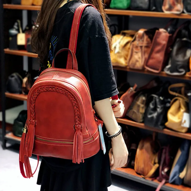 Quilted Womens Small Brown Leather Backpack Purse with Fringe for Women