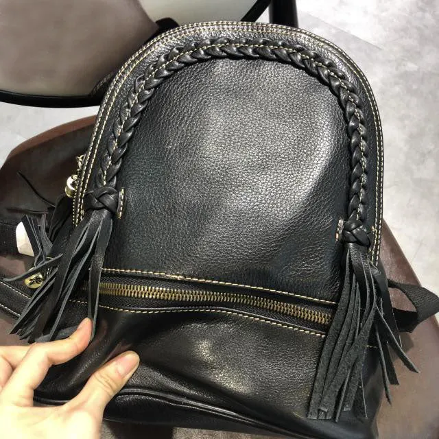 Quilted Womens Small Brown Leather Backpack Purse with Fringe for Women