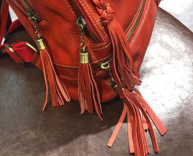 Quilted Womens Small Brown Leather Backpack Purse with Fringe for Women