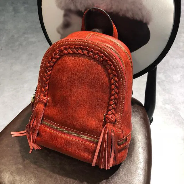 Quilted Womens Small Brown Leather Backpack Purse with Fringe for Women