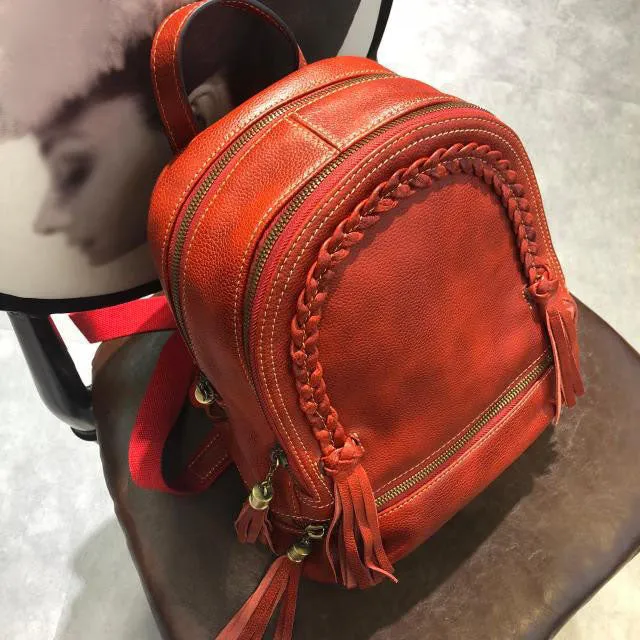 Quilted Womens Small Brown Leather Backpack Purse with Fringe for Women