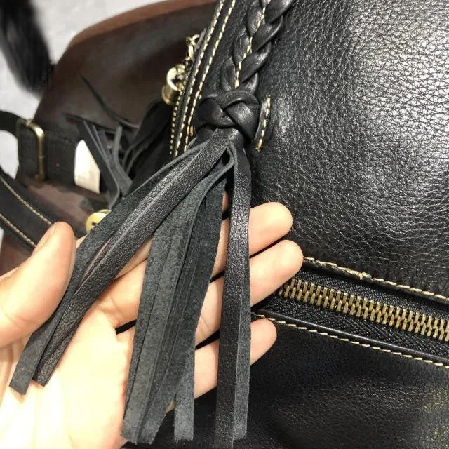 Quilted Womens Small Brown Leather Backpack Purse with Fringe for Women