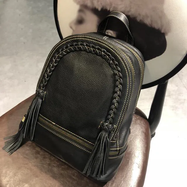 Quilted Womens Small Brown Leather Backpack Purse with Fringe for Women