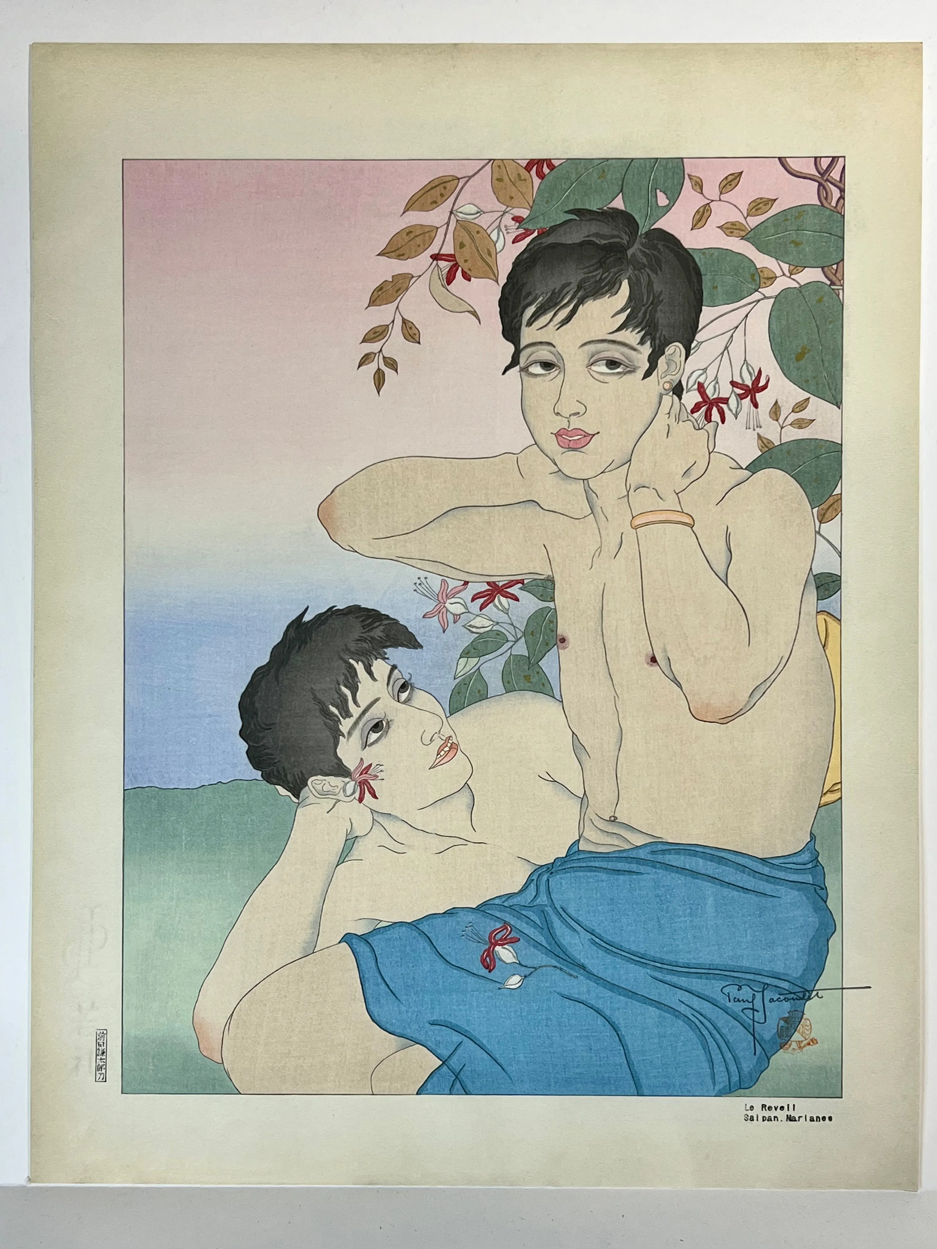 Rare 1st Ed Original Paul Jacoulet Woodblock Print "Le Reveil" Saipan
