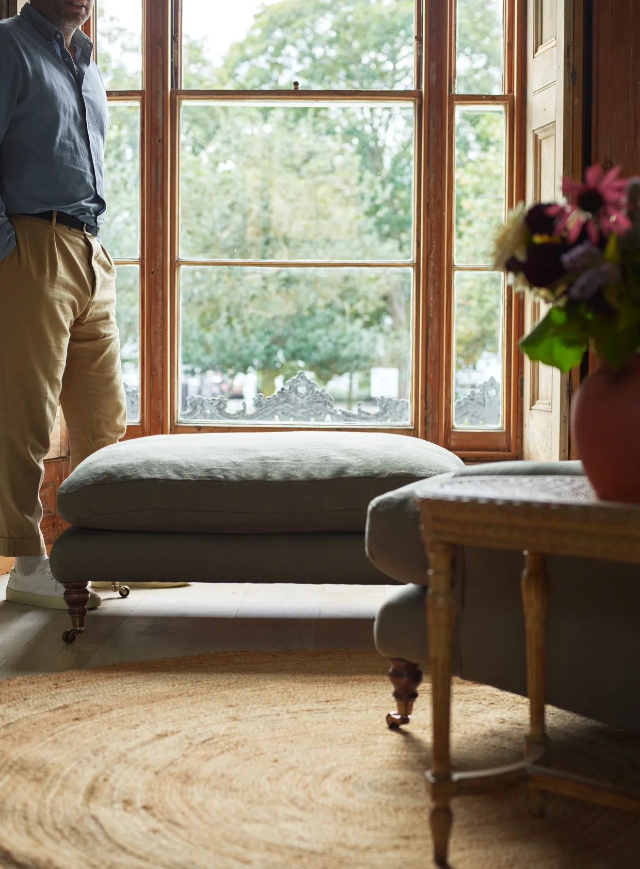 Remy Footstool, Moss Linen