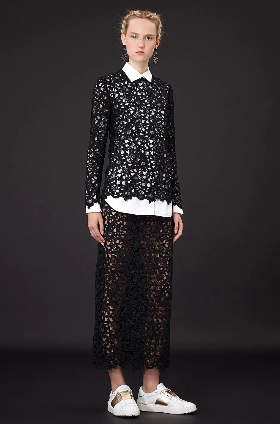 Resort 2015 Valentino Bold Black Lace Full Length Skirt w Matching Tunic / Mini Dress Set