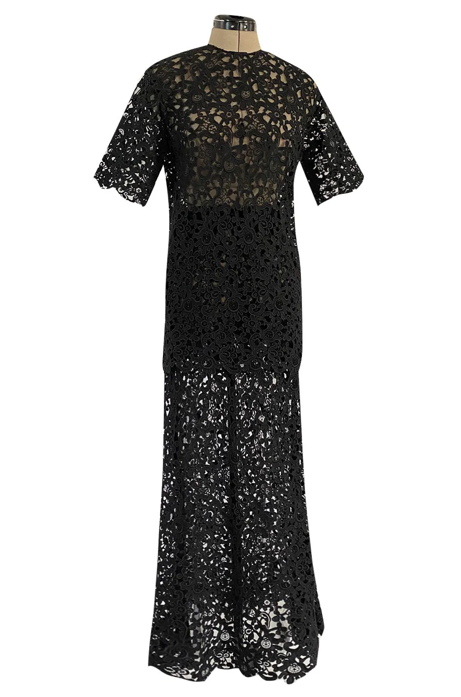 Resort 2015 Valentino Bold Black Lace Full Length Skirt w Matching Tunic / Mini Dress Set