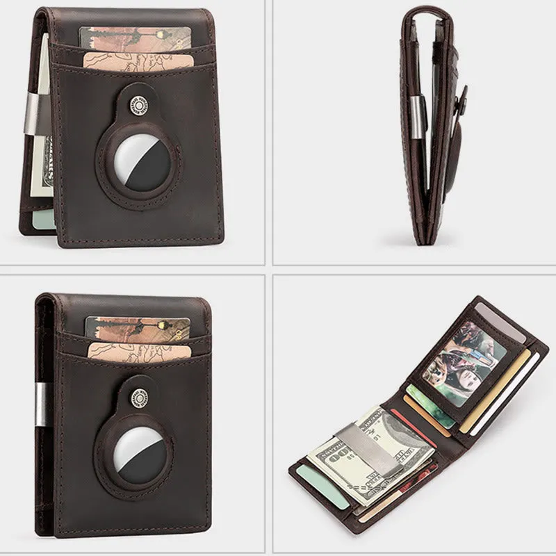 Retro Cowhide Leather AirTag Wallet Bifold RFID Blocking Card Holder
