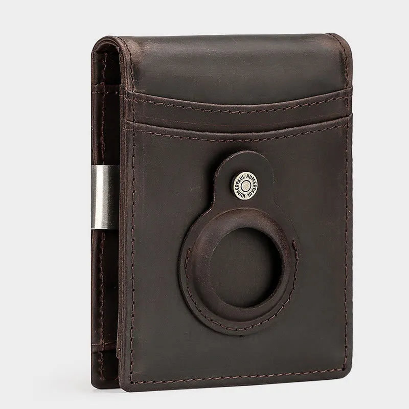 Retro Cowhide Leather AirTag Wallet Bifold RFID Blocking Card Holder