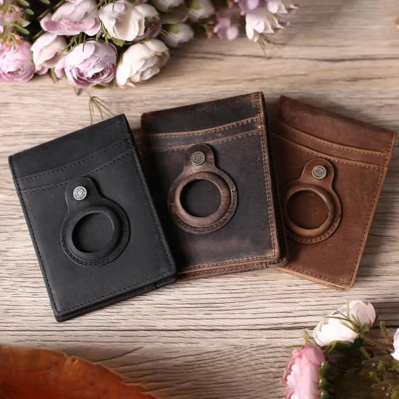 Retro Cowhide Leather AirTag Wallet Bifold RFID Blocking Card Holder