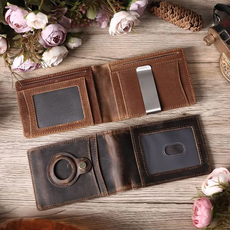 Retro Cowhide Leather AirTag Wallet Bifold RFID Blocking Card Holder