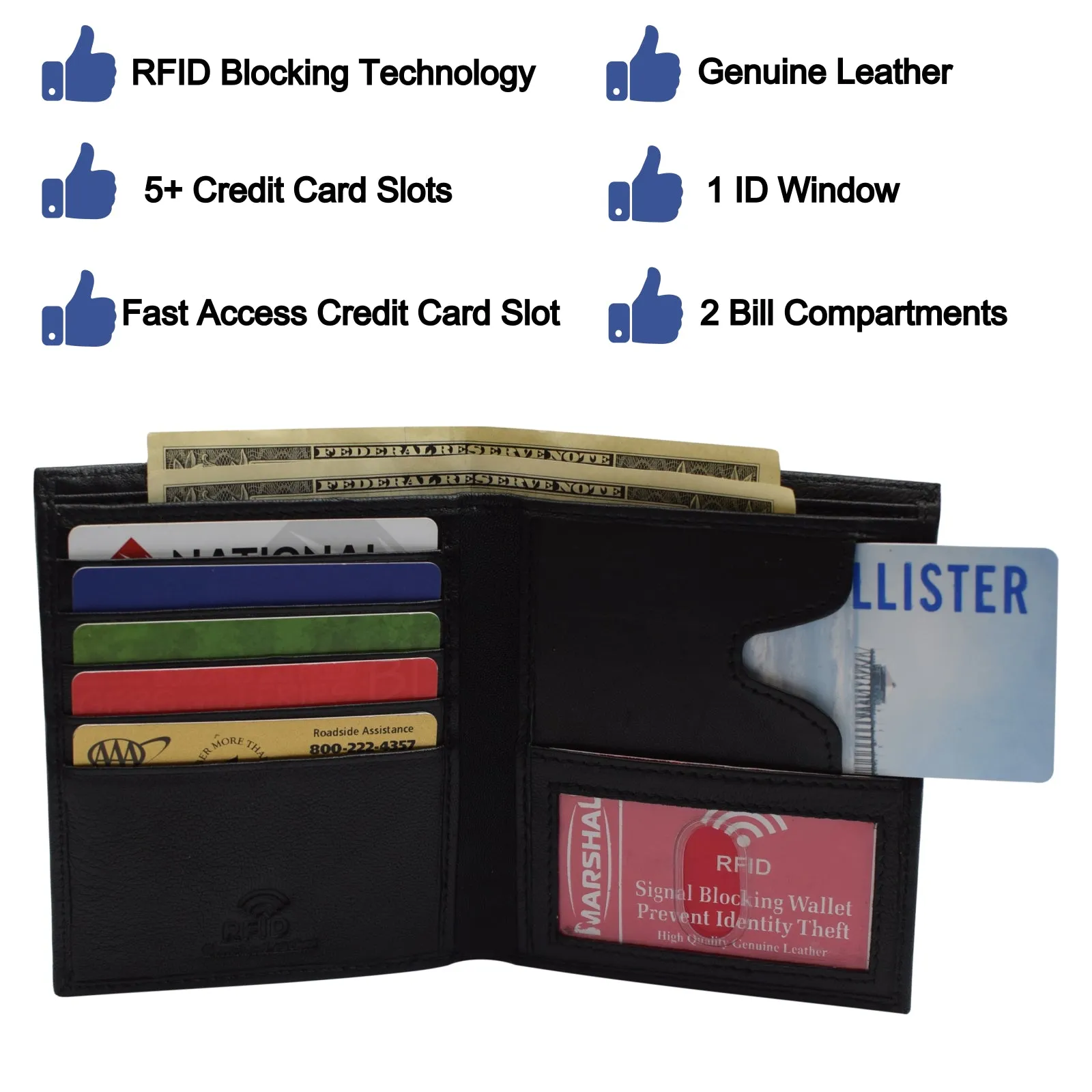RFID Blocking Genuine Leather Large Hipster Bifold Credit Card ID Men's Wallet