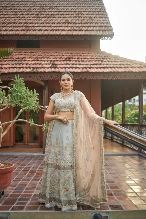 Sea green lehanga choli in raw silk with zardoshi and pearl work