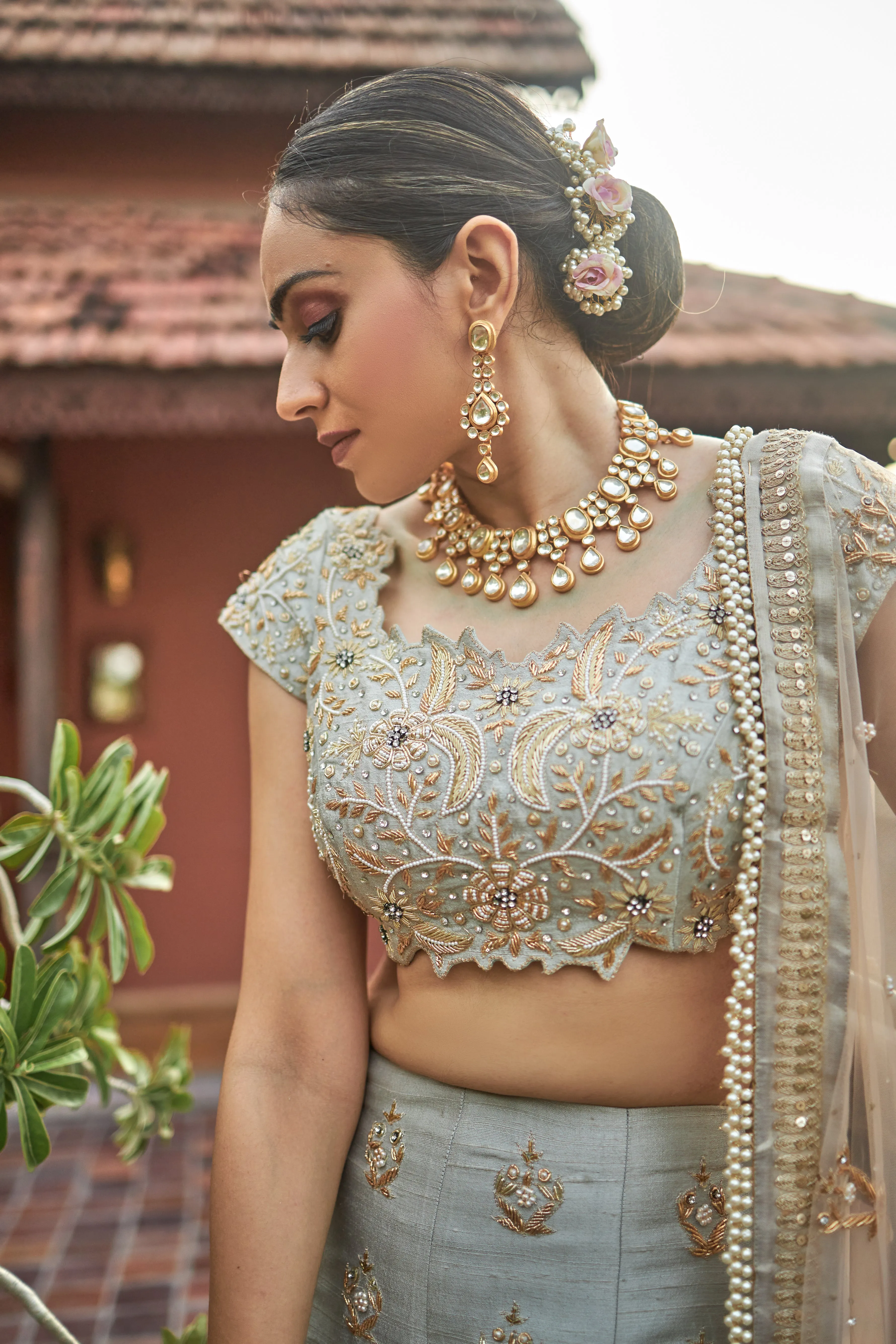 Sea green lehanga choli in raw silk with zardoshi and pearl work