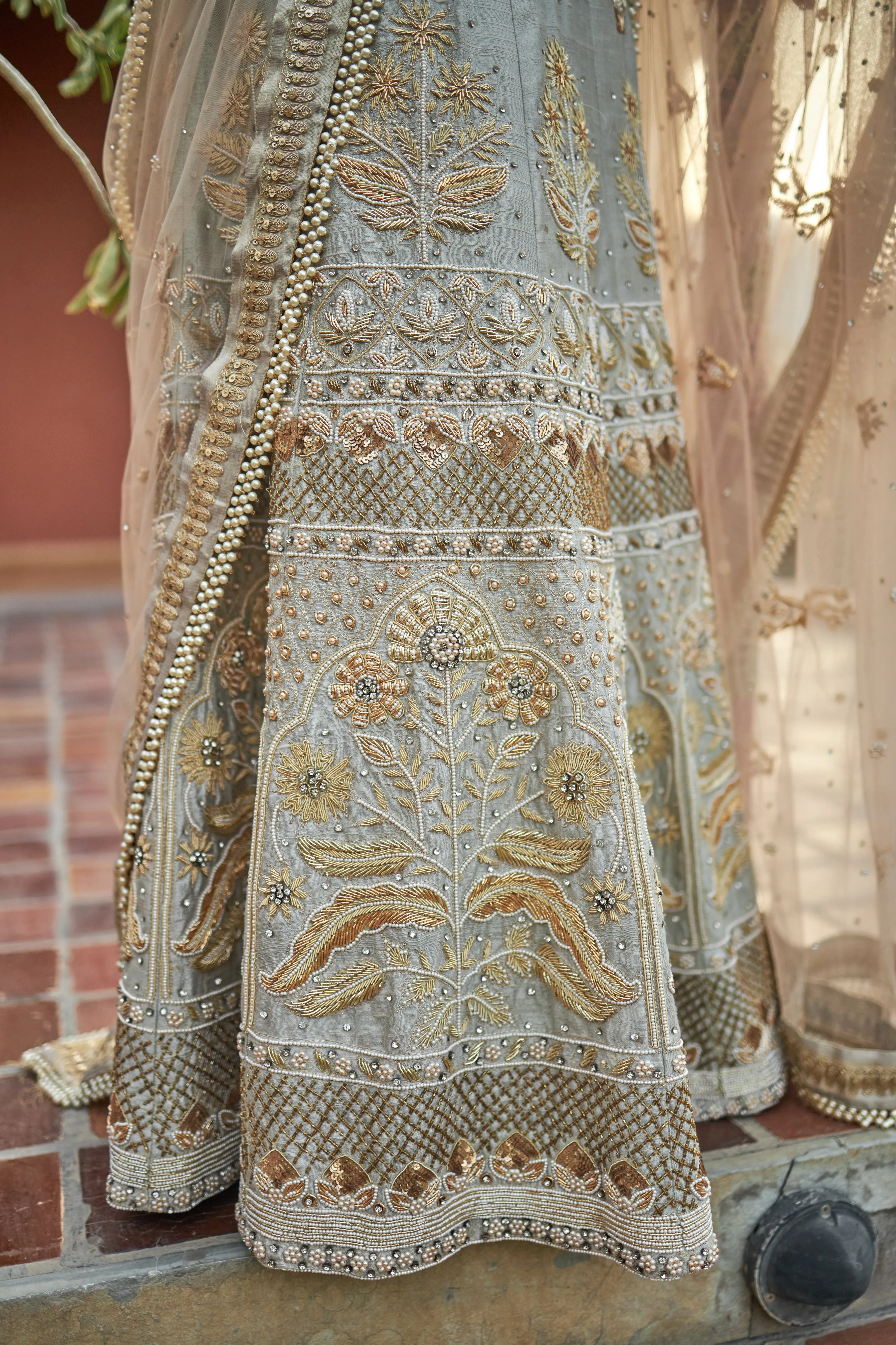 Sea green lehanga choli in raw silk with zardoshi and pearl work