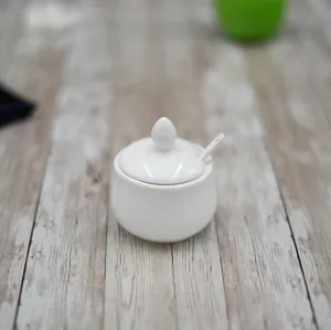 Set Of 6 White 4 Oz | 130 Ml Mustard Pot With Spoon
