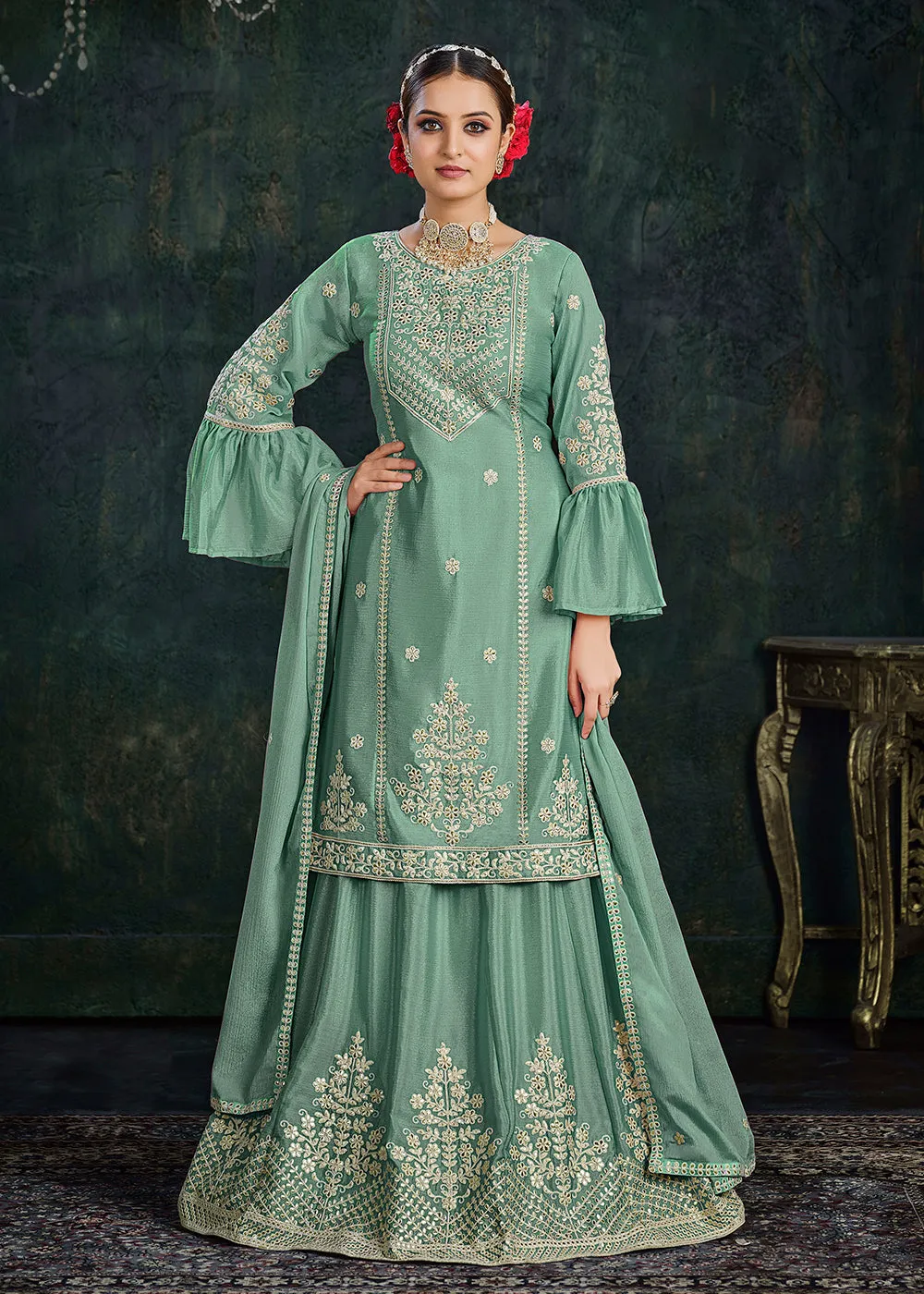 Sharara Top Style Gorgeous Green Chinon Festive Lehenga Suit
