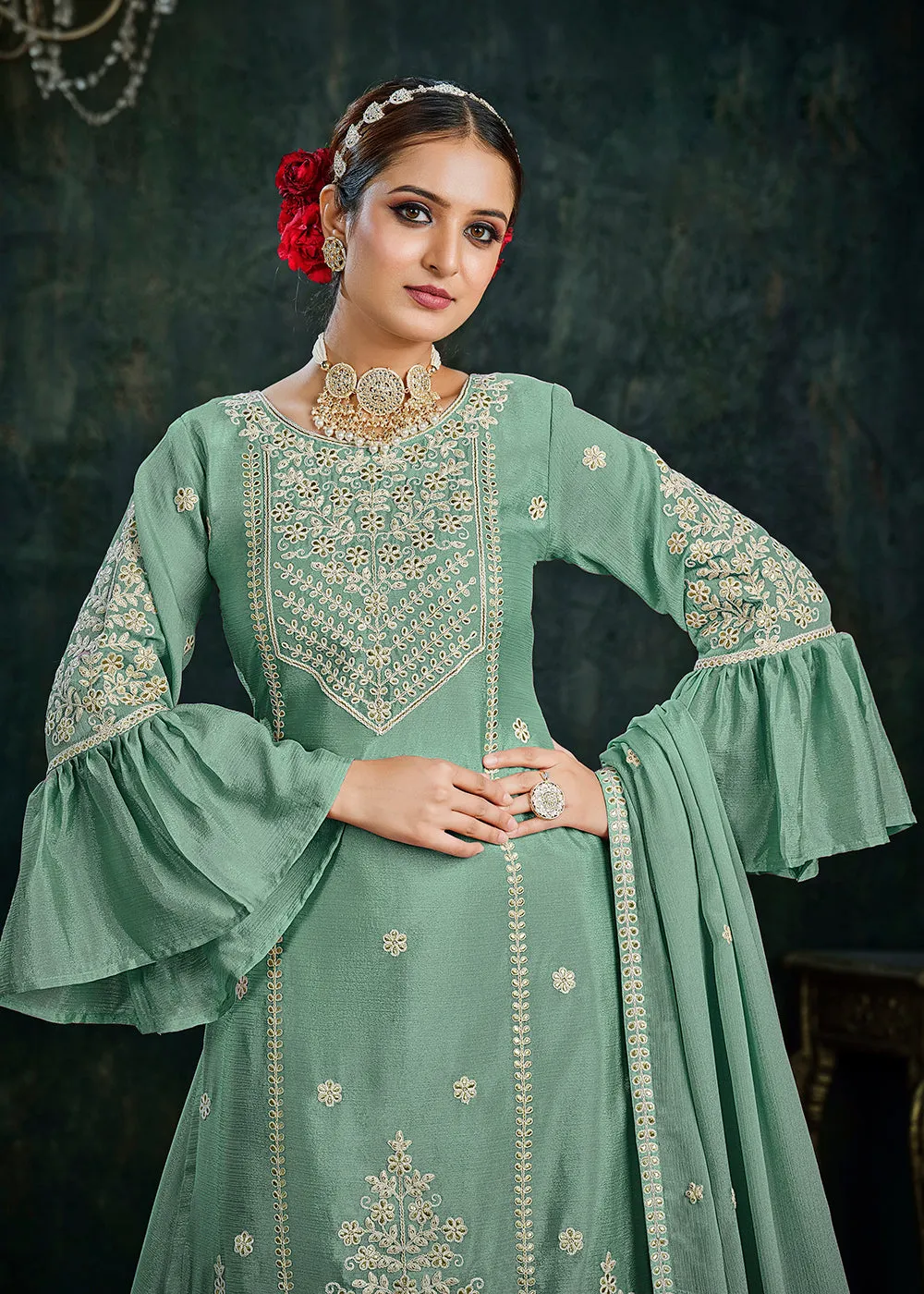 Sharara Top Style Gorgeous Green Chinon Festive Lehenga Suit