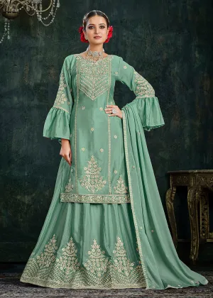 Sharara Top Style Gorgeous Green Chinon Festive Lehenga Suit