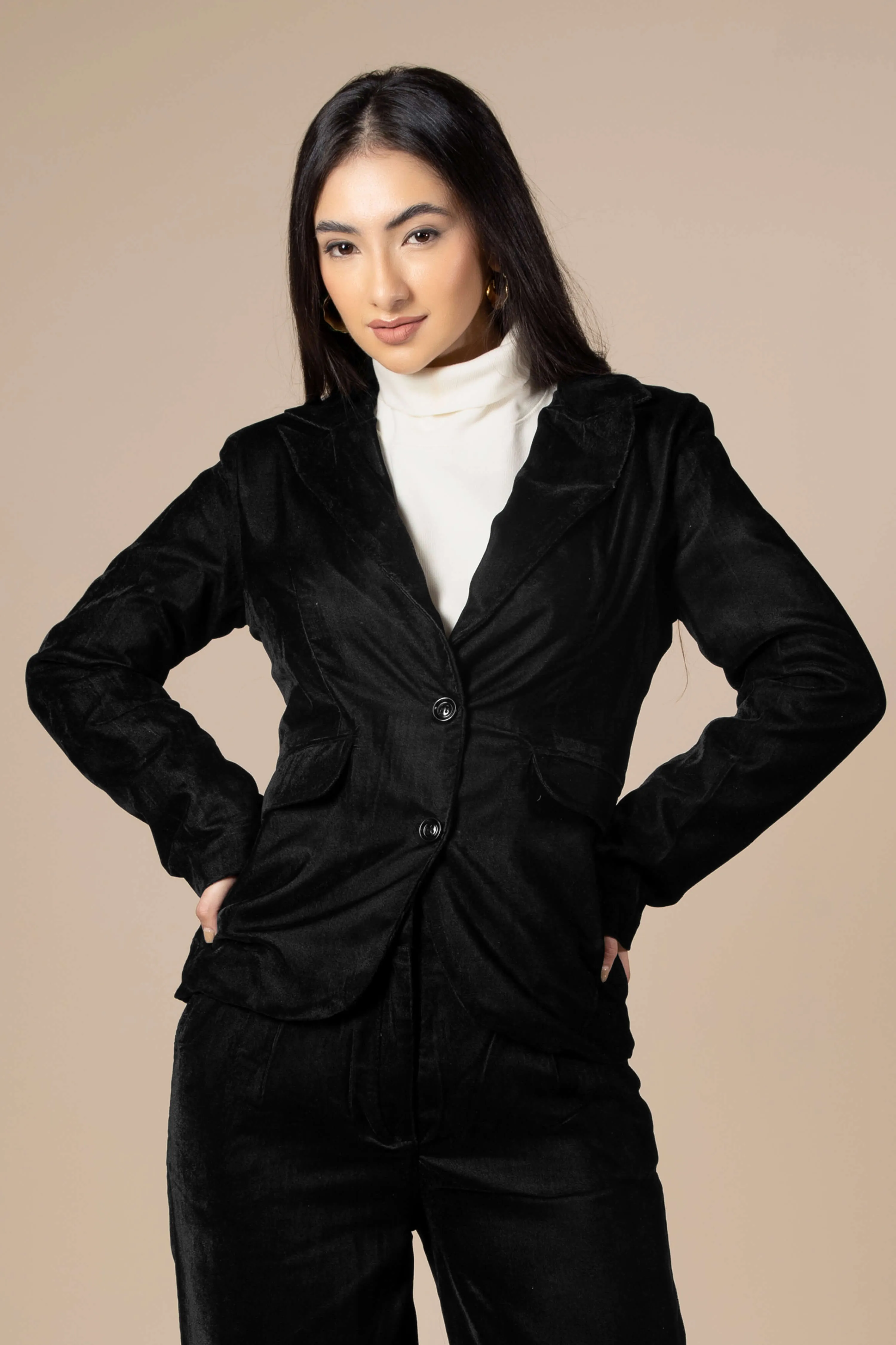 Solid Black Luxurious Velvet Blazer For Women