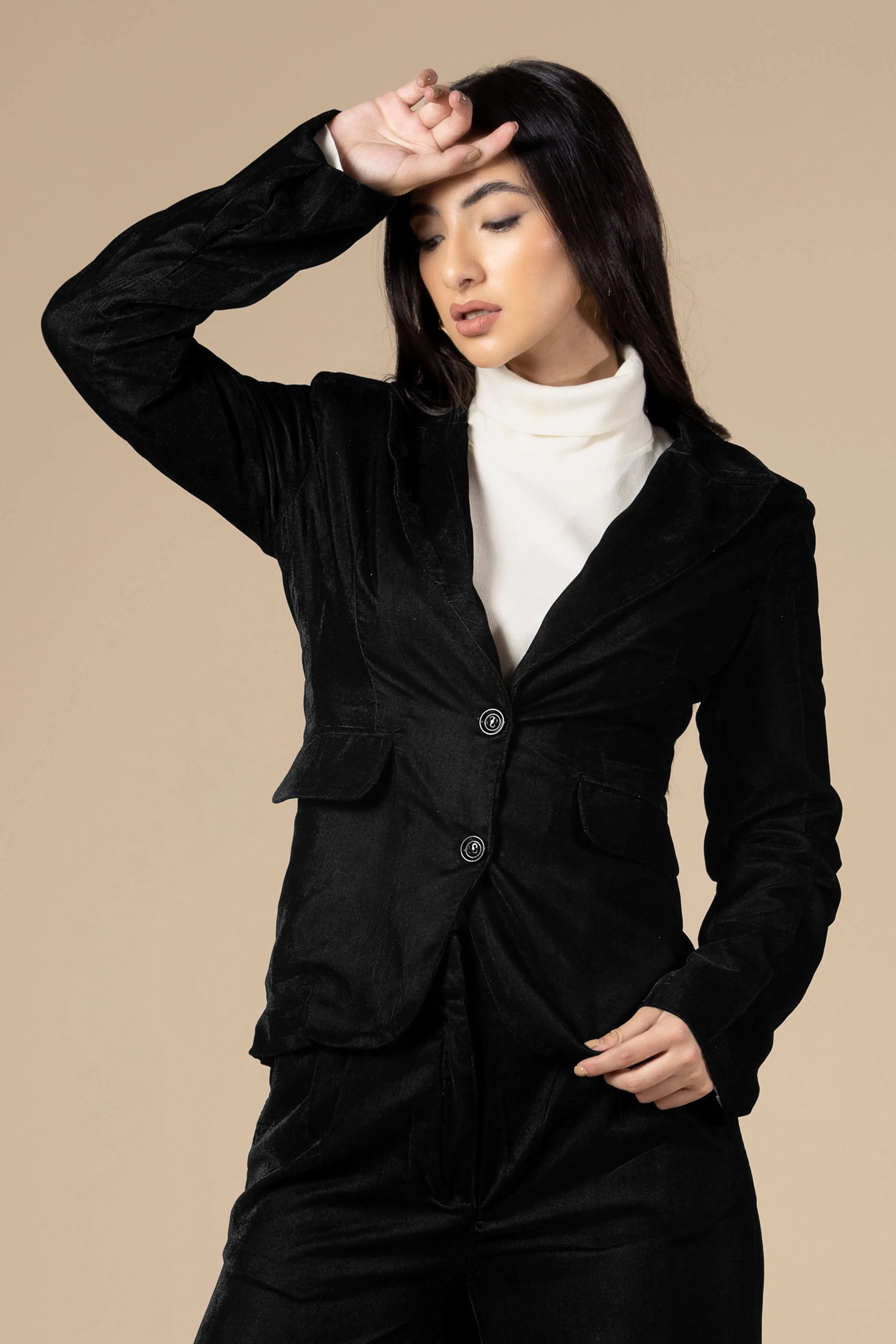 Solid Black Luxurious Velvet Blazer For Women