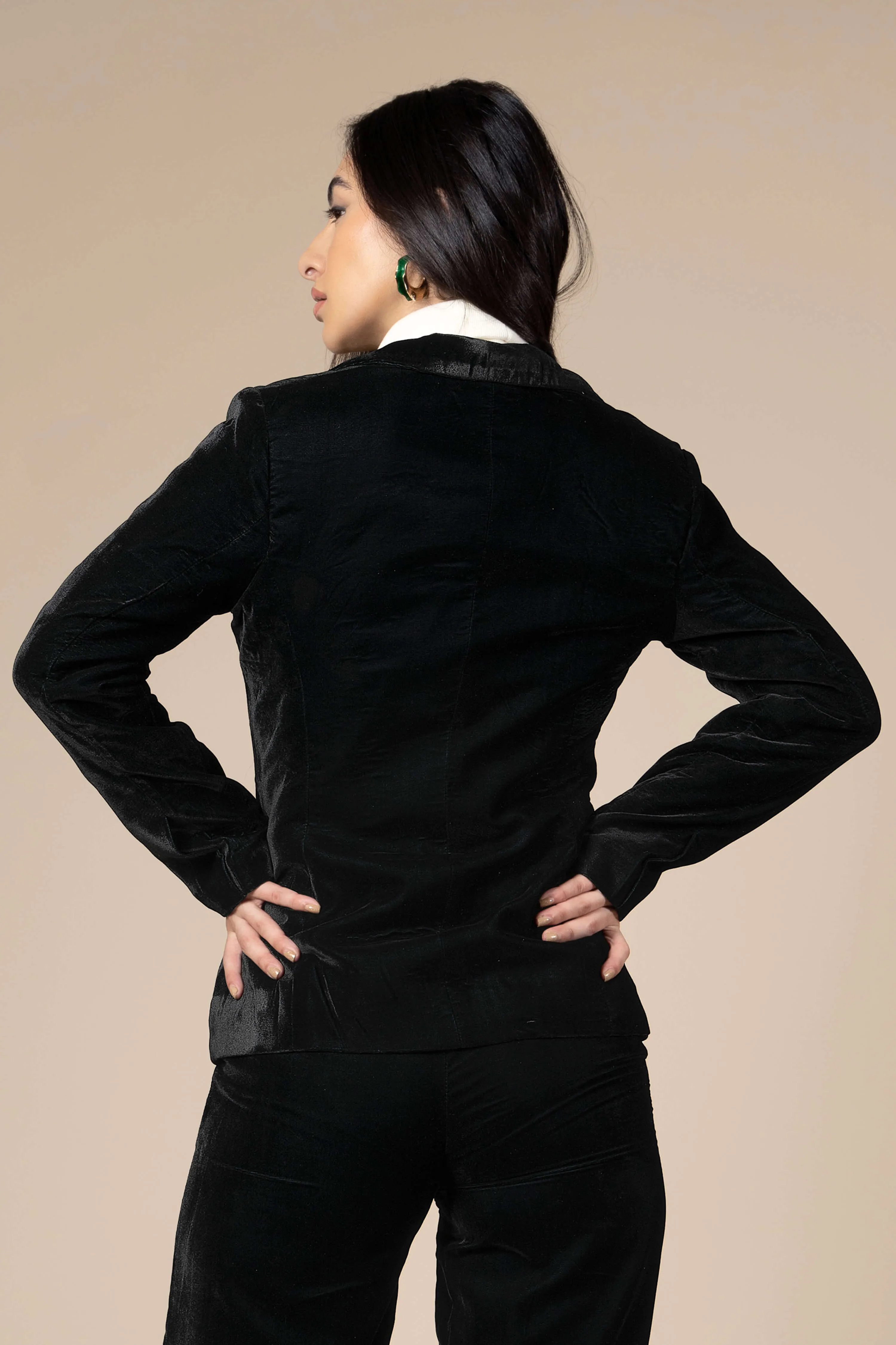 Solid Black Luxurious Velvet Blazer For Women