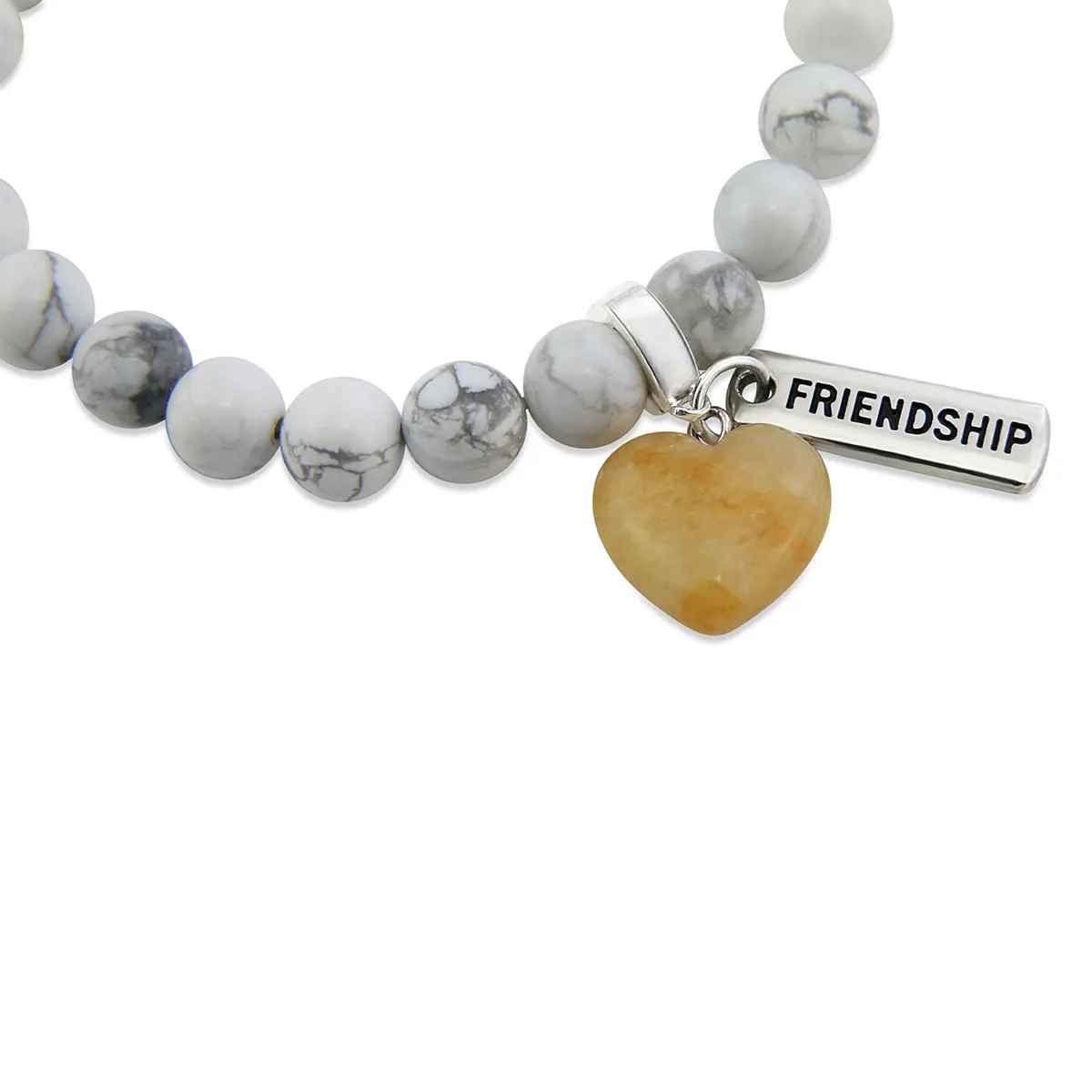 SWEETHEART Bracelet - 8mm WHITE MARBLE stone beads with YELLOW ADVENTURINE Small Heart & Word Charm