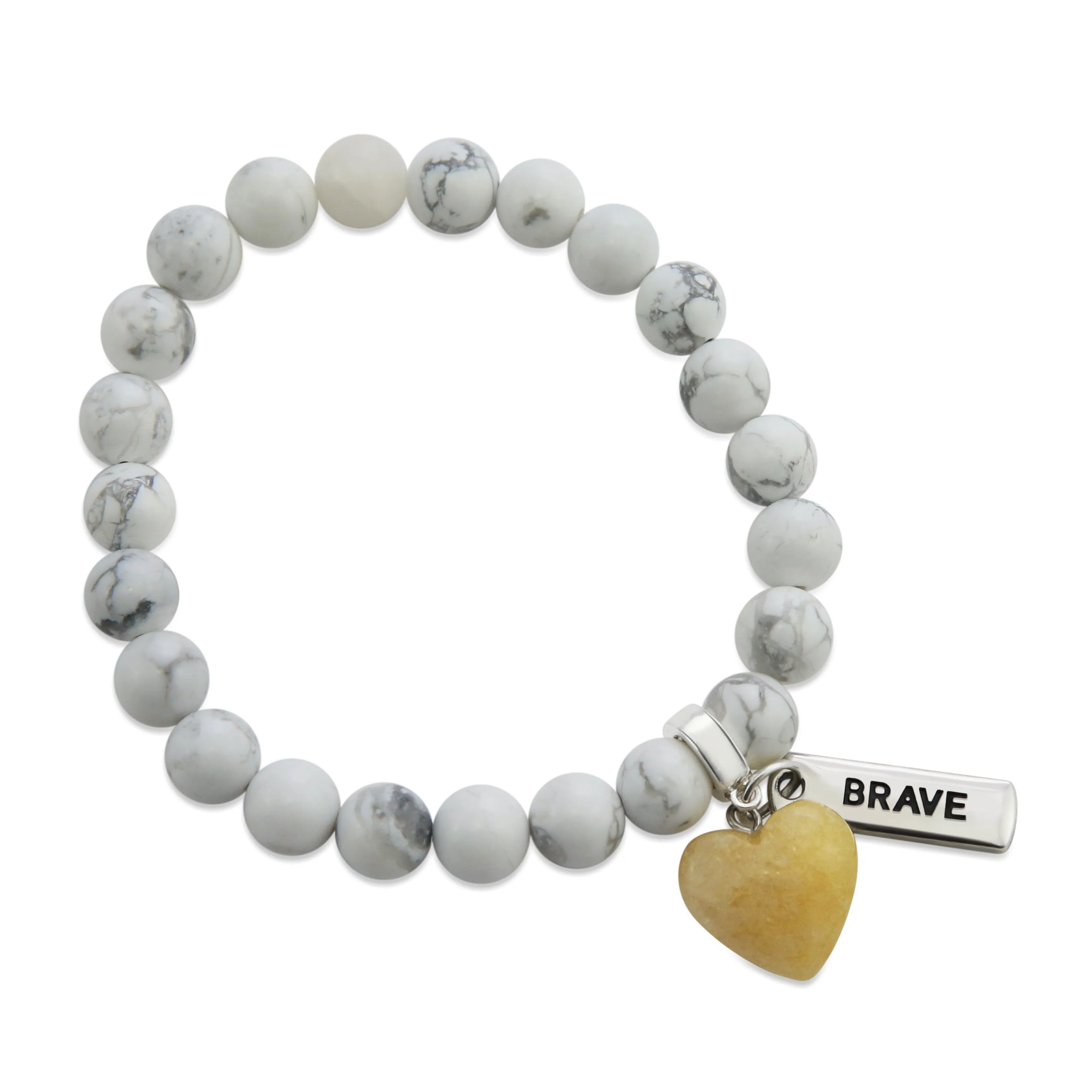 SWEETHEART Bracelet - 8mm WHITE MARBLE stone beads with YELLOW ADVENTURINE Small Heart & Word Charm