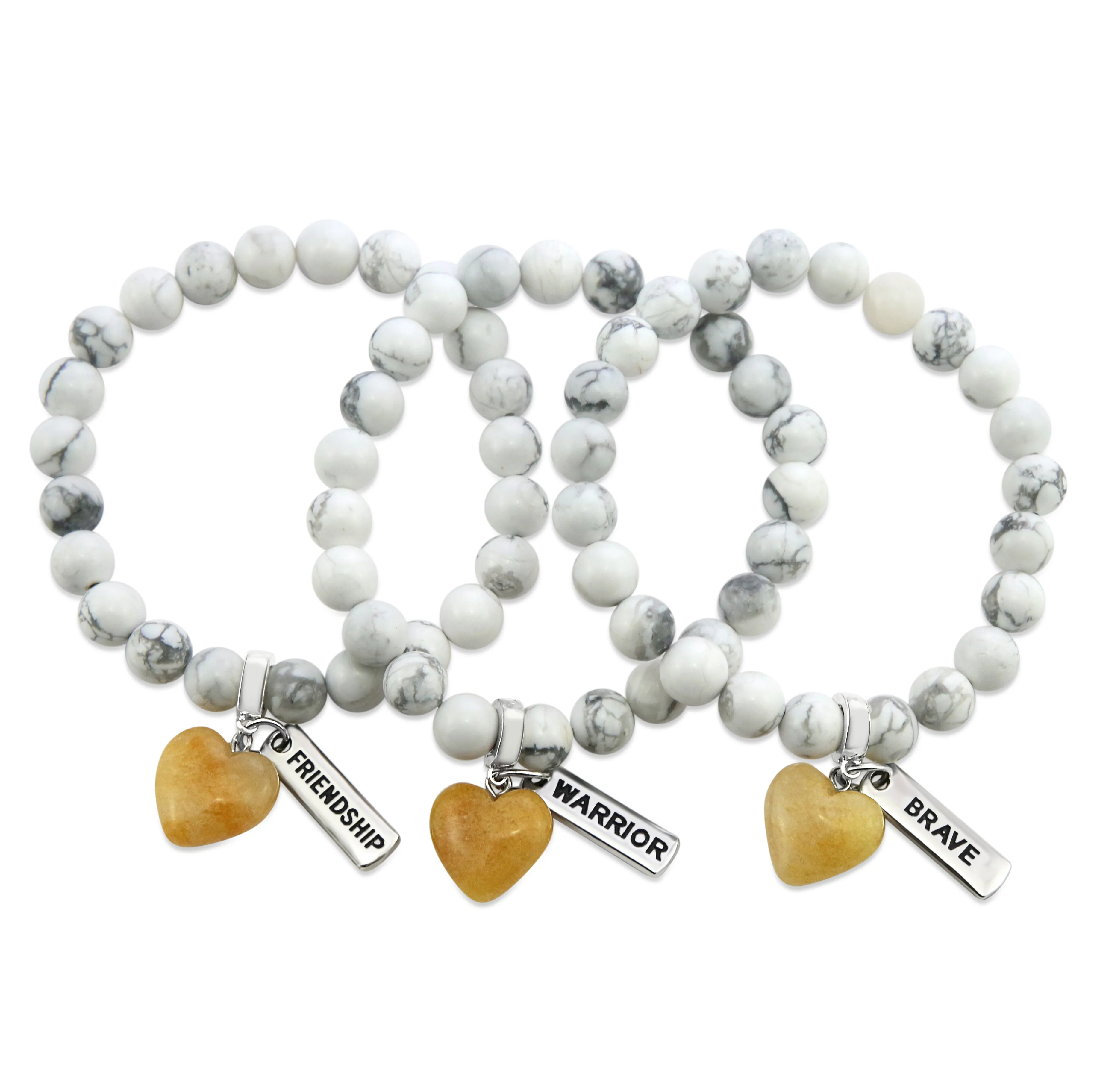 SWEETHEART Bracelet - 8mm WHITE MARBLE stone beads with YELLOW ADVENTURINE Small Heart & Word Charm