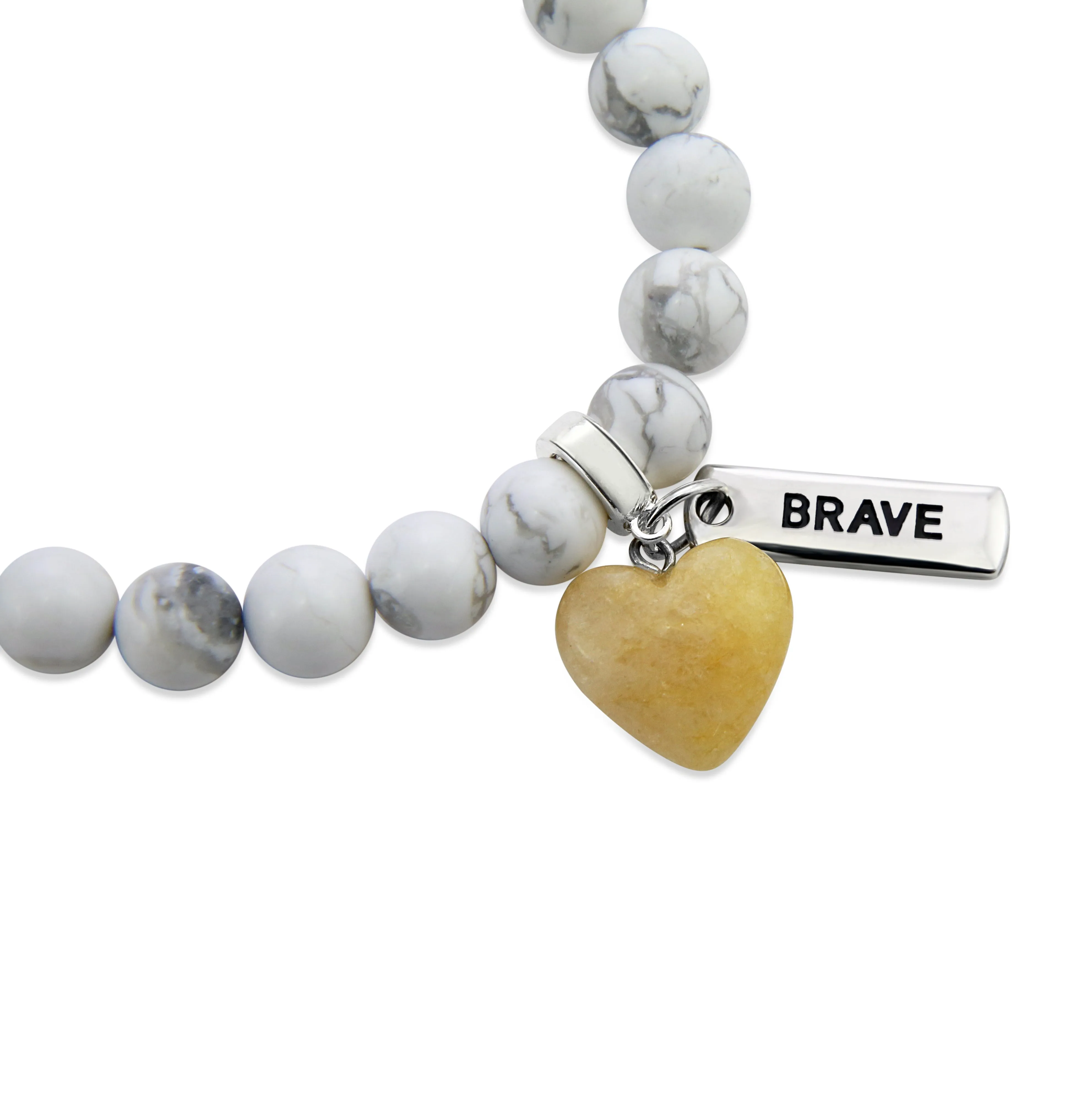 SWEETHEART Bracelet - 8mm WHITE MARBLE stone beads with YELLOW ADVENTURINE Small Heart & Word Charm