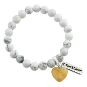 SWEETHEART Bracelet - 8mm WHITE MARBLE stone beads with YELLOW ADVENTURINE Small Heart & Word Charm