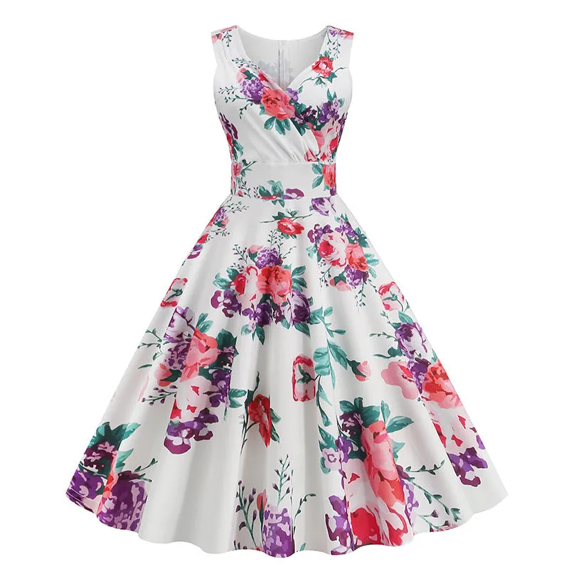 TastyHottie - Luxurious V-neck Floral Print Flare Dress