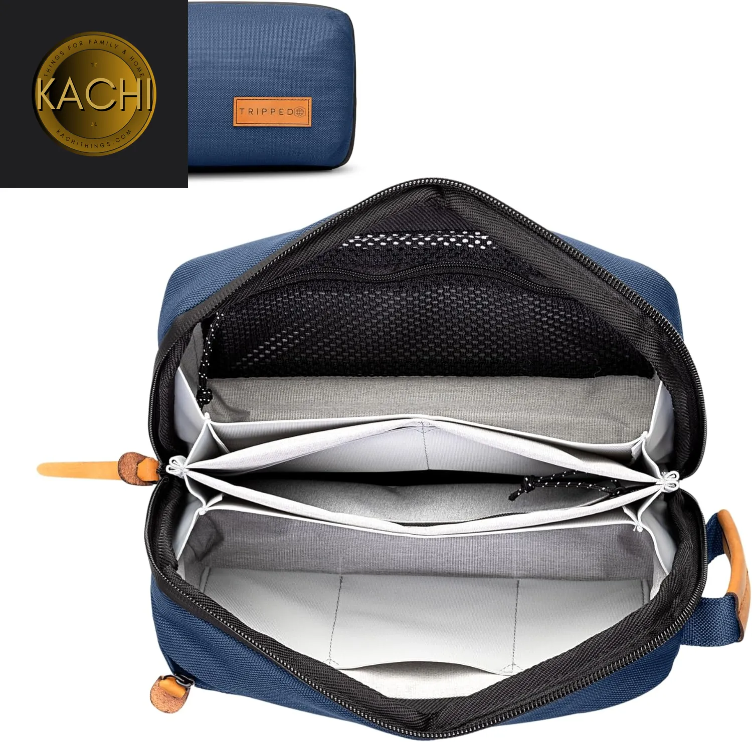 Tech Bag Organizer - Small Electronics Organizer Pouch for Travel - Premium Travel Case with Leather Accents - Mesh Pocket for Cables, Cords and Chargers (Navy)