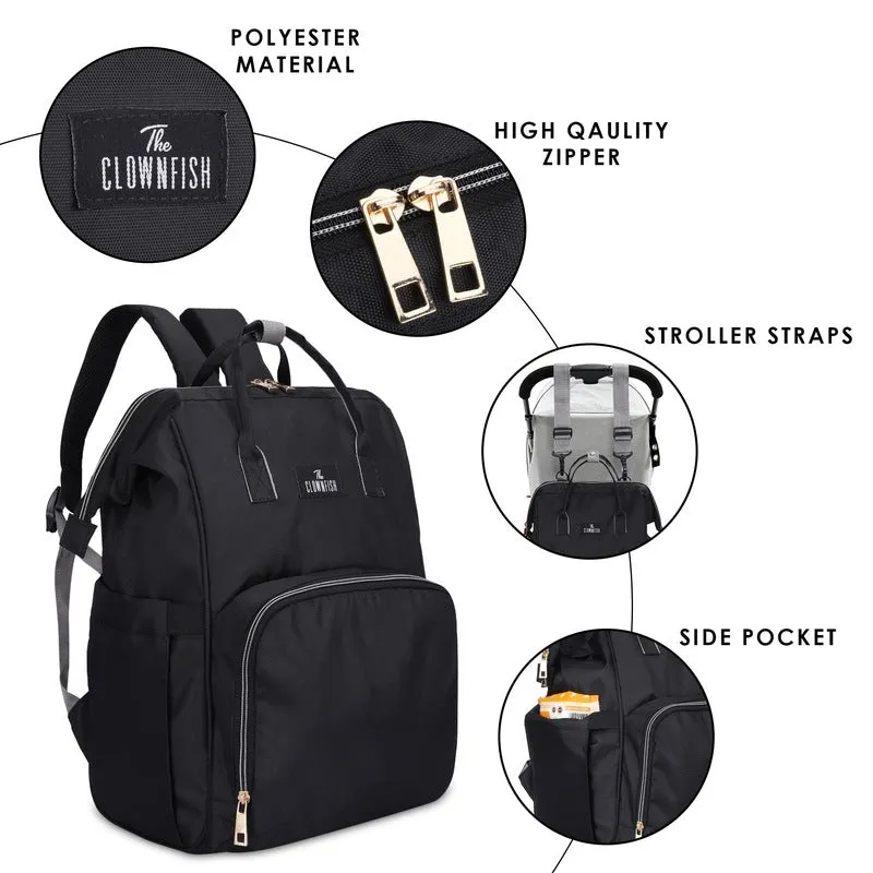 THE CLOWNFISH Diaper Dash Series Multipurpose Diaper Bag/Backpack/Nappy Bag/Handbag/Maternity Bag For Baby Essentials with Bottle Organizer & Tissues Dispensing Pocket in Polyester (Black)