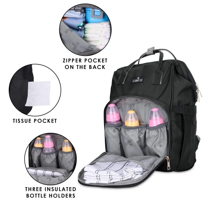 THE CLOWNFISH Diaper Dash Series Multipurpose Diaper Bag/Backpack/Nappy Bag/Handbag/Maternity Bag For Baby Essentials with Bottle Organizer & Tissues Dispensing Pocket in Polyester (Black)