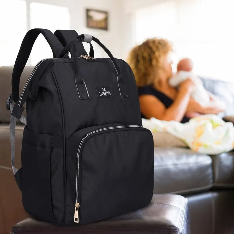 THE CLOWNFISH Diaper Dash Series Multipurpose Diaper Bag/Backpack/Nappy Bag/Handbag/Maternity Bag For Baby Essentials with Bottle Organizer & Tissues Dispensing Pocket in Polyester (Black)
