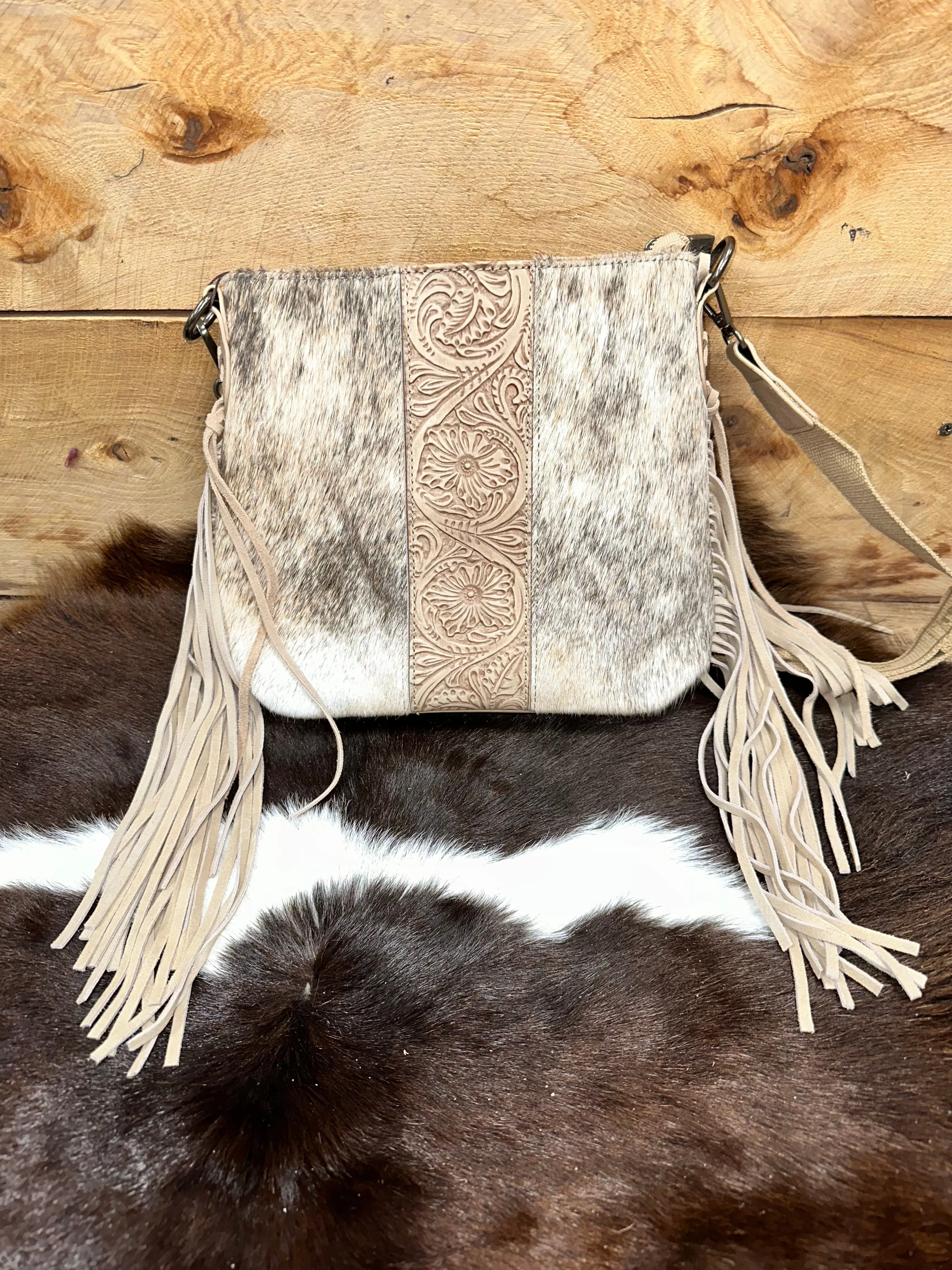 Trinity Ranch Hair-On Cowhide/Tooled Fringe Concealed Carry Crossbody Bag
