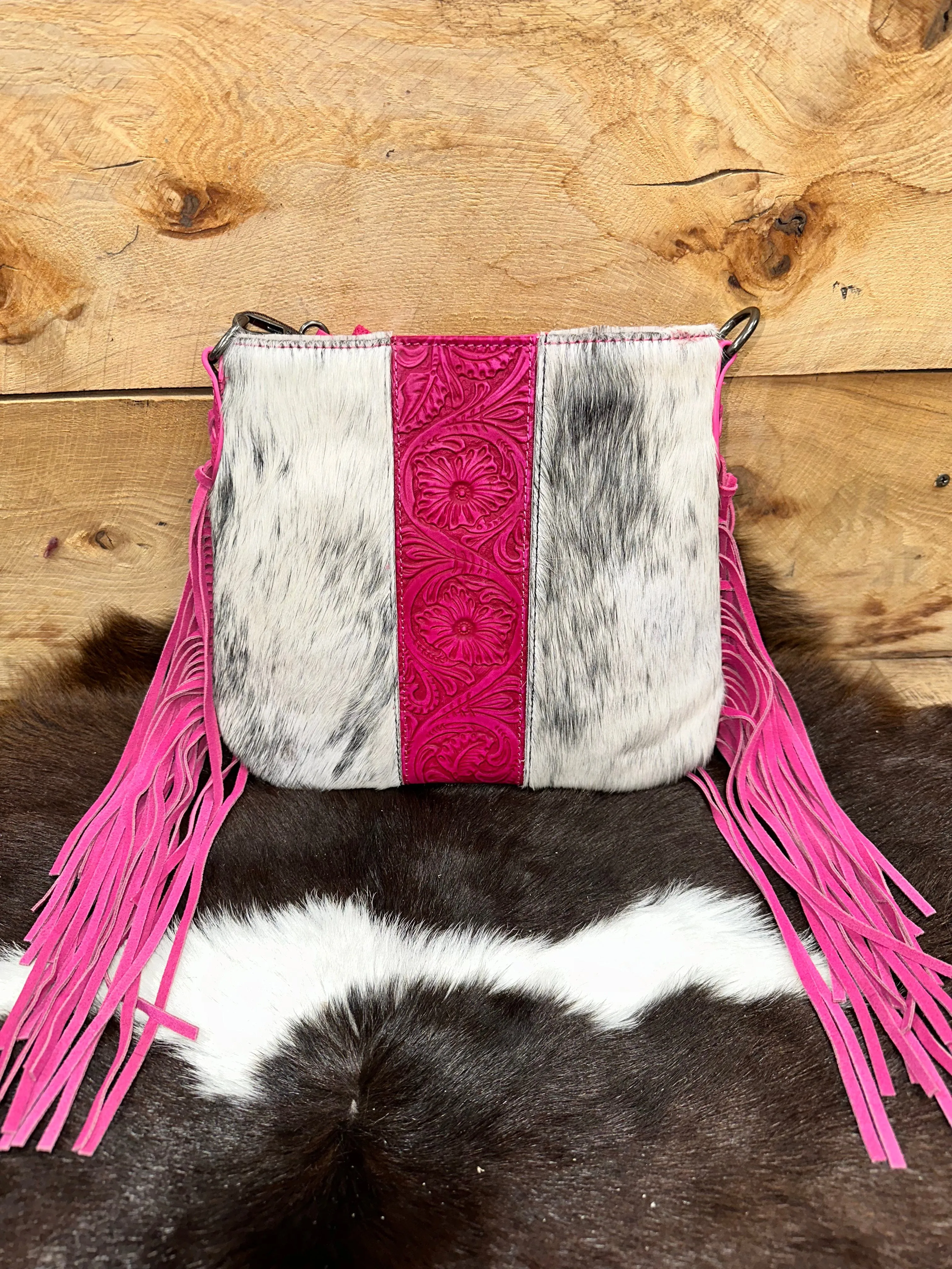 Trinity Ranch Hair-On Cowhide/Tooled Fringe Concealed Carry Crossbody Bag