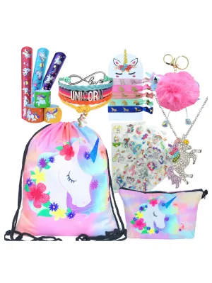 Unicorn Gifts for Girls - Unicorn Drawstring Backpack/Makeup Bag/Bracelet/Necklace/Hair Ties/Keychain/Sticker (Flower Head 4)